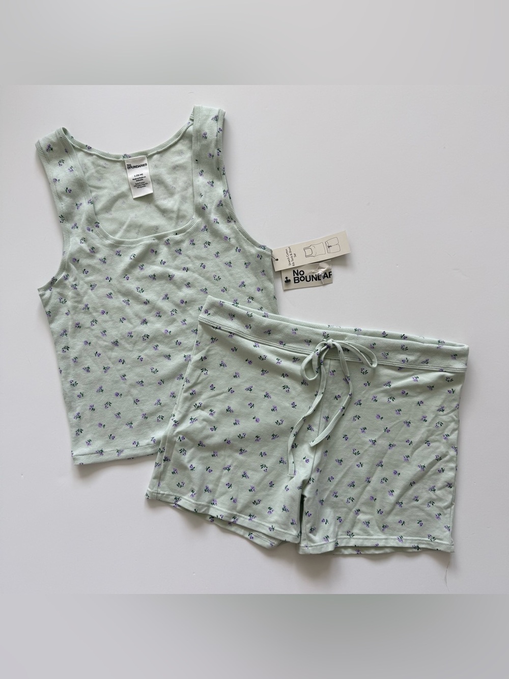No Boundaries Mint & Purple Floral Ribbed Tank and Drawstring Pajamas Set